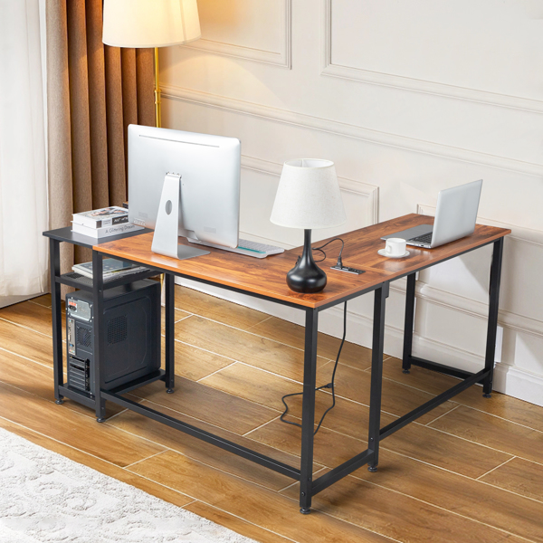 L-Shaped Desktop Computer Desk with Power Outlets & Shelf Tiger wood