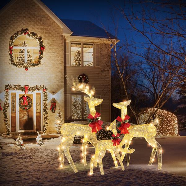 3 Piece Lighted Christmas Reindeer Family Set Outdoor Decorations, Weather Proof Deer Family Set of 3 Christmas Ornament Home Decor Pre-lit 270 LED Lights with Stakes, Zip Ties Secured-Gold