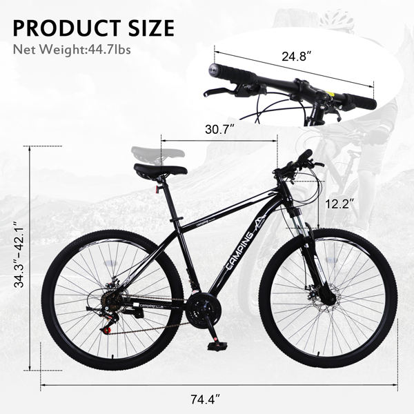 CamPingSurvivals 29in 21 Speed Load Bearing 150kg  High Carbon Steel Mountain Bike Black