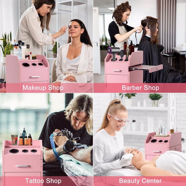Hair Salon Storage Cart with Wheels & 3 Hair Dryer Holders & 4 Drawers & Lock & 2 Keys, Hairdressing Tools Station Mobile Makeup Case pink