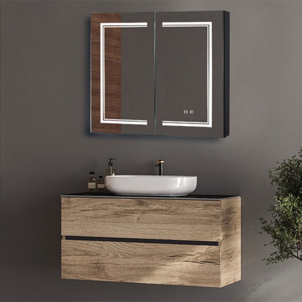 [] LED Bathroom Wall Cabinet, Double Door Bathroom Mirror Cabinet, Black