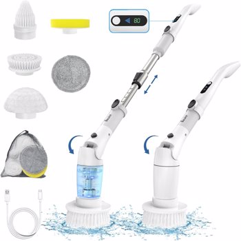 VEWIOR Electric Spin Scrubber, Cordless Cleaning Brush with Display and 3 Adjustable Angle 2 Speeds 5 Replaceable Brush Heads, Power Shower Scrubber with Extension Handle for Floor Bathroom Tile Grout