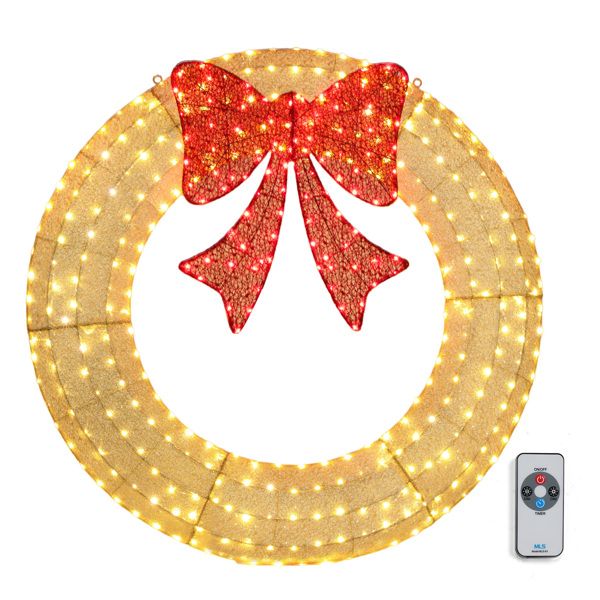 48in Pre-Lit Outdoor Christmas Wreath Decoration, LED Metal Holiday Decor for Home Exterior, Garden w/ 315 Lights, Bow - Gold/Red