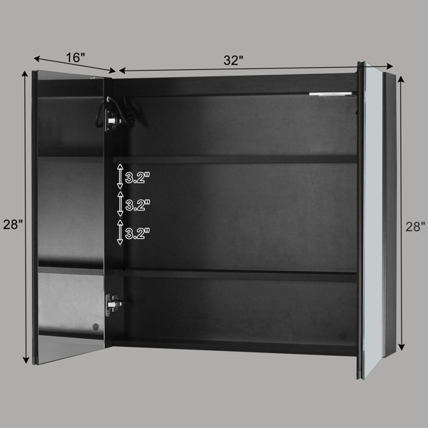 [] LED Bathroom Wall Cabinet, Double Door Bathroom Mirror Cabinet, Black