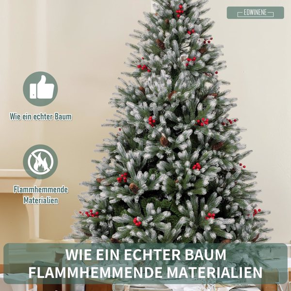 Artificial Christmas Tree 210 cm Densely Filled Branches Premium PE/PVC Christmas Tree with Pine Cones and Red Berries, Wooden Stand