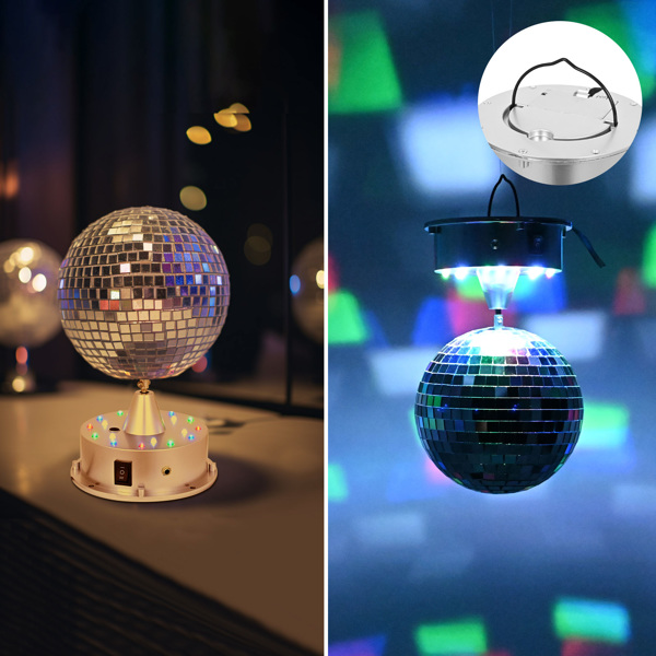 6 inch18 LED Mirror Ball with 4 Color Lights with Voice Control Rotating Motor Base Plug/Battery Powered Base ,for Home Party DJ Pub Club Holiday KTV（No shipping on weekends.）