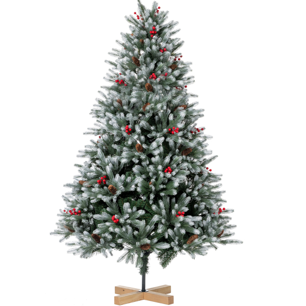 Artificial Christmas Tree 180 cm Densely Filled Branches Premium PE/PVC Christmas Tree with Pine Cones and Red Berries, Wooden Stand