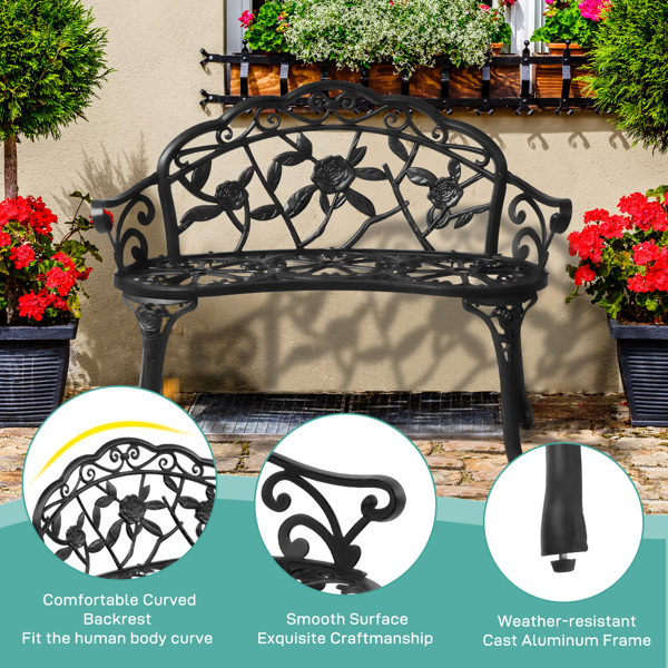 Outdoor Cast Aluminum Patio Bench, Porch Bench Chair with Curved Legs Rose Pattern, Black