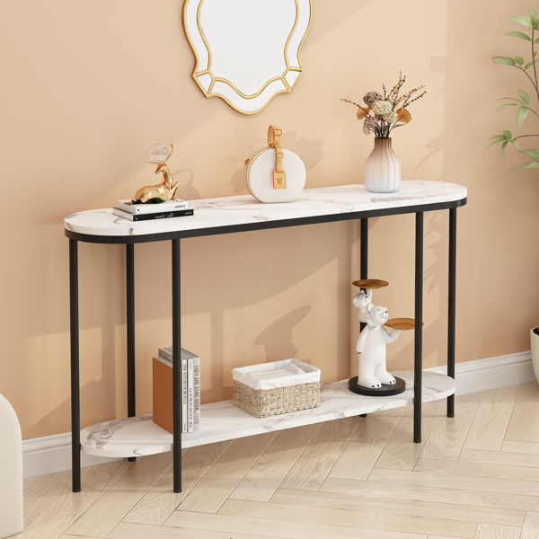 Console Table 2 Tier Narrow Entryway Table with Storage Shelves Faux Marble Narrow Table for Living Bedroom Hallway Office Easy Assembly, Black & White