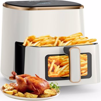 Air Fryer, VEWIOR 5.3Qt Airfyer with Viewing Window, 7 Custom Presets Large Air Fryer Oven with Smart Digital Touchscreen,Non-stick and Dishwasher-Safe Basket, Kitchen Tongs, Rack with Skewers
