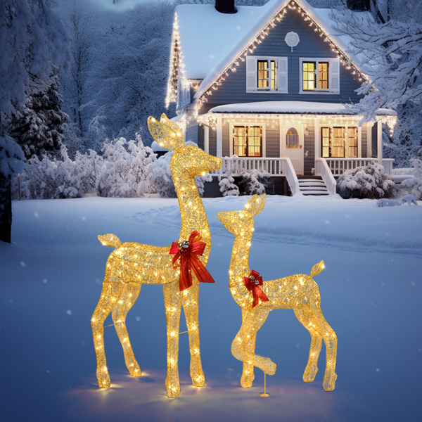 2-Piece Lighted Christmas Deer Family, Outdoor Yard Decoration Set with 210 LEDs Warm White Light, Gold