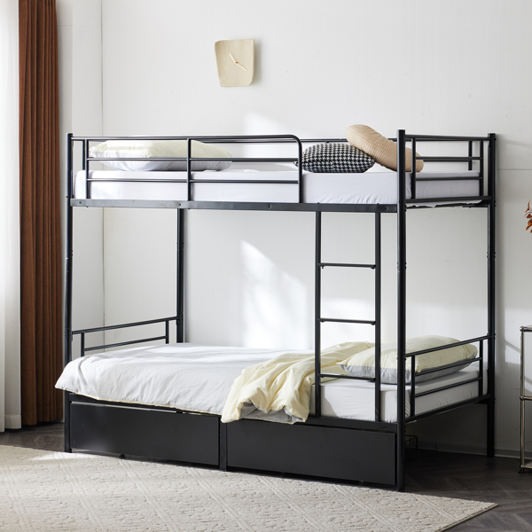 Twin Over Twin Convertible Bunk Bed with 2 Storage Drawers, Metal Bunk Bed Can be Divided Into Two Daybeds, Black