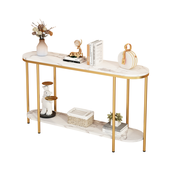 Console Table 2 Tier Narrow Entryway Table with Storage Shelves Faux Marble Narrow Table for Living Bedroom Hallway Office Easy Assembly, Gold & White
