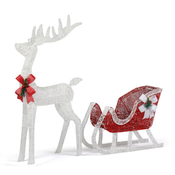 4ft Lighted Christmas Reindeer & Sleigh Outdoor Yard Decoration Set with LED Lights, Red & White