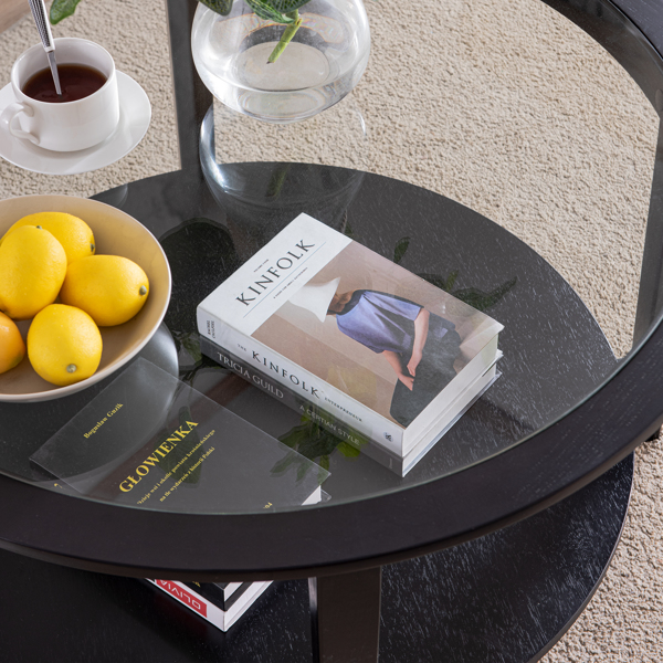 Round glass top solid wood storage coffee table, black