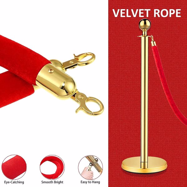 Gold Stanchions and Velvet Ropes, Red Carpet Ropes and Poles 5ft/1.5 M, Stainless Steel Stanchion Post, Rope Safety Barriers (Gold-4PCS)