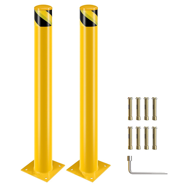 Safety Bollards, 42inch Height Bollard Post, Yellow Powder Coated Safety Parking Barrier Post with 8 Anchor Bolts, Steel Safety Pipe Bollards for High Traffic Areas（2PCS）