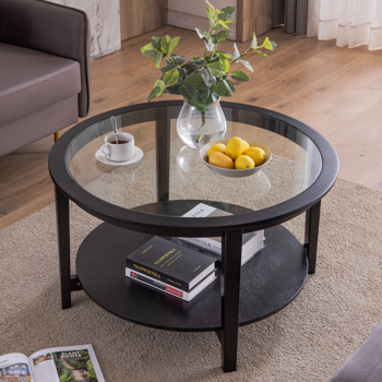 Round glass top solid wood storage coffee table, black