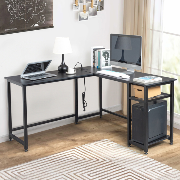 L-Shaped Desktop Computer Desk with Power Outlets & Shelf Tiger Black