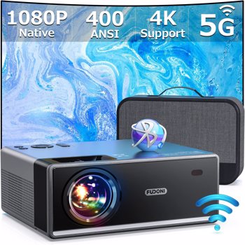 Projector with WiFi and Bluetooth, Projector 4K Support Native 1080P Projector, 5G WiFi FUDONI Outdoor Projector with 350 ANSI Max 300\\" Display, Movie Projector Compatible w/iOS/Android/Win/PS5, Black