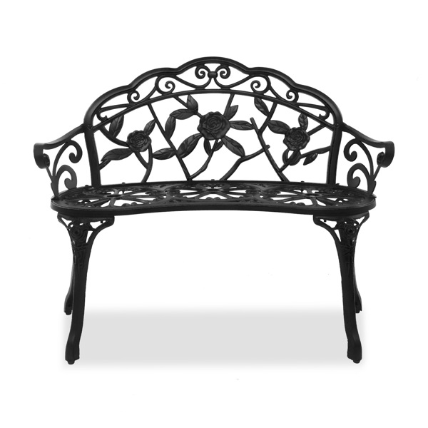 Outdoor Cast Aluminum Patio Bench, Porch Bench Chair with Curved Legs Rose Pattern, Black