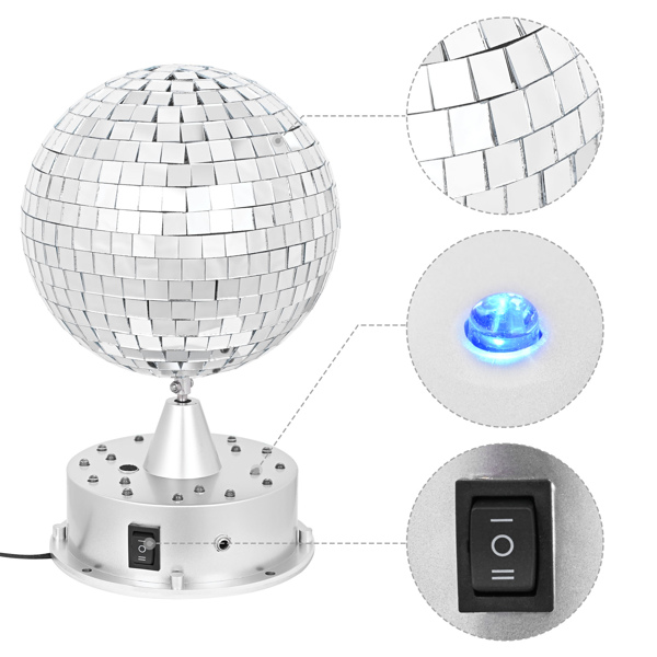 6 inch18 LED Mirror Ball with 4 Color Lights with Voice Control Rotating Motor Base Plug/Battery Powered Base ,for Home Party DJ Pub Club Holiday KTV（No shipping on weekends.）