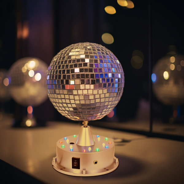 6 inch18 LED Mirror Ball with 4 Color Lights with Voice Control Rotating Motor Base Plug/Battery Powered Base ,for Home Party DJ Pub Club Holiday KTV（No shipping on weekends.）