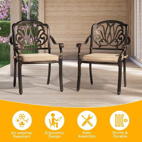 Set of 2 Cast Aluminum Patio Dining Chairs with Cushions, Stackable Outdoor Bistro Chairs for Balcony Backyard Garden Deck, Antique Bronze