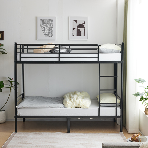 Iron Bed Bunk Bed with Ladder for Kids Twin Size Black