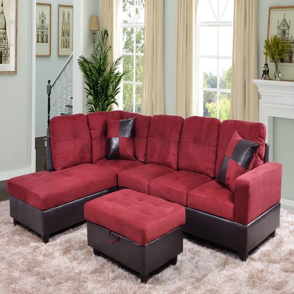 Red Flannel And PVC 3-Piece Couch Living Room Sofa Set A