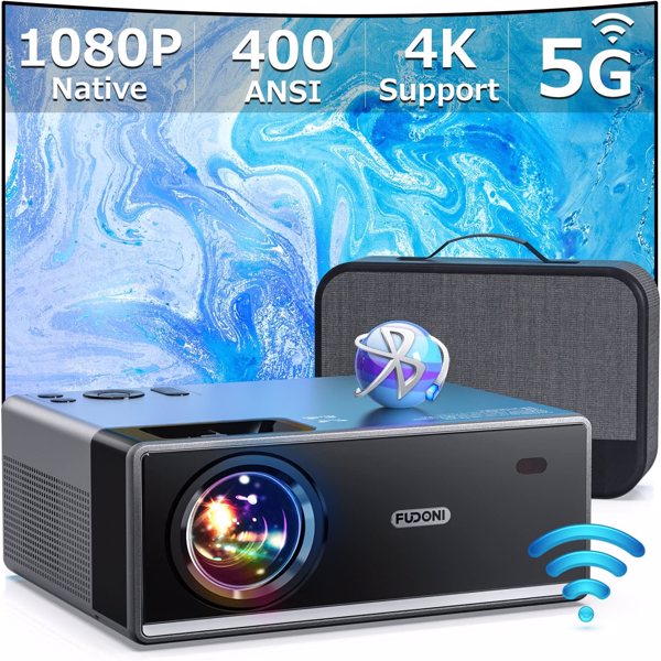 Projector with WiFi and Bluetooth, Projector 4K Support Native 1080P Projector, 5G WiFi FUDONI Outdoor Projector with 350 ANSI Max 300" Display, Movie Projector Compatible w/iOS/Android/Win/PS5, Black