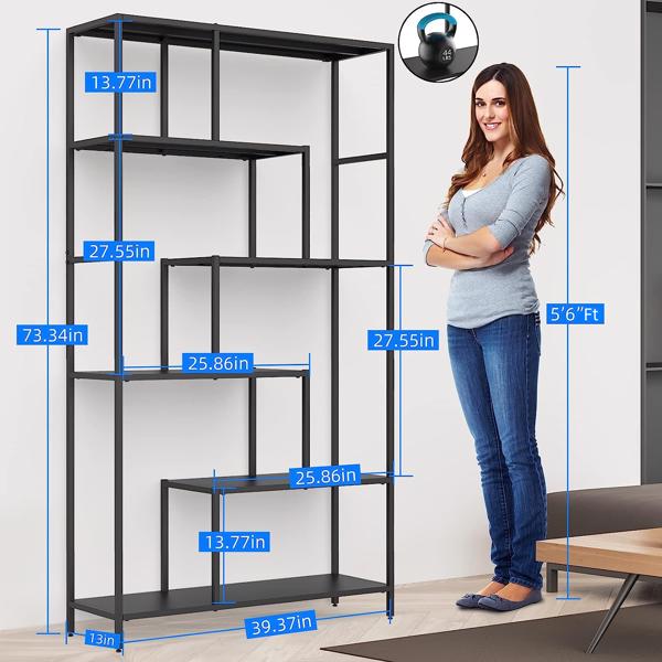 6 Tier Black Metal Bookshelf -Sturdy and Stylish Tall Open Bookcase for Plants, Books, and Décor, Multi-Purpose Display Shelf with Anti-Tip Wall Mounting - 73in Height, 39in Width