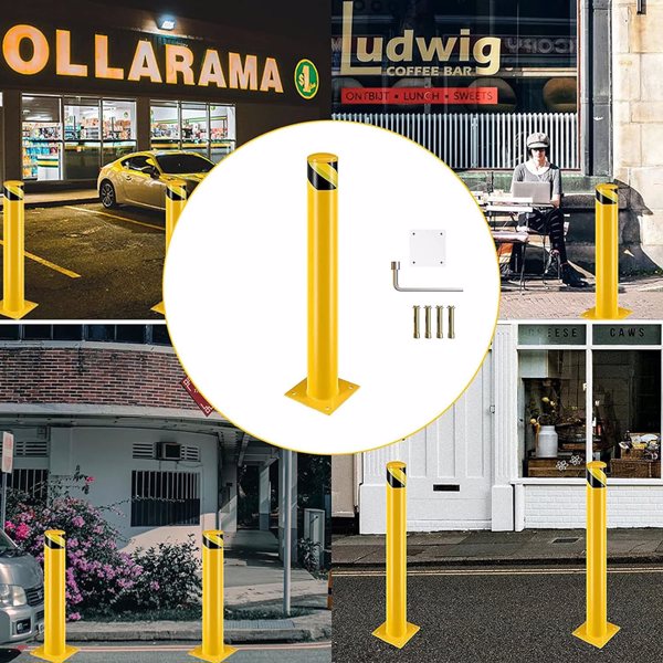 Safety Bollards, 48inch Height Bollard Post, Yellow Powder Coated Safety Parking Barrier Post with 4 Anchor Bolts, Steel Safety Pipe Bollards for High Traffic Areas（2PCS）