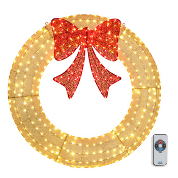 48in Pre-Lit Outdoor Christmas Wreath Decoration, LED Metal Holiday Decor for Home Exterior, Garden w/ 315 Lights, Bow - Gold/Red