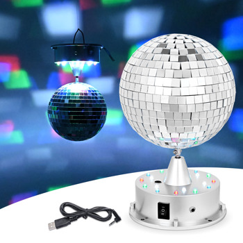 6 inch18 LED Mirror Ball with 4 Color Lights with Voice Control Rotating Motor Base Plug/Battery Powered Base ,for Home Party DJ Pub Club Holiday KTV