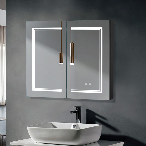 [FCH] LED Bathroom Wall Cabinet, Double Door Bathroom Mirror Cabinet, Black