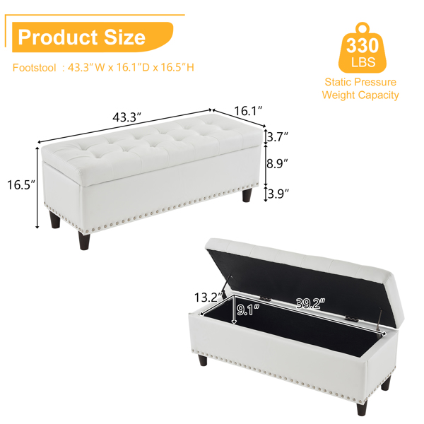 43 Inches 110*41*42cm PU With Storage Copper Nails Bedside Stool Footstool Off-White
