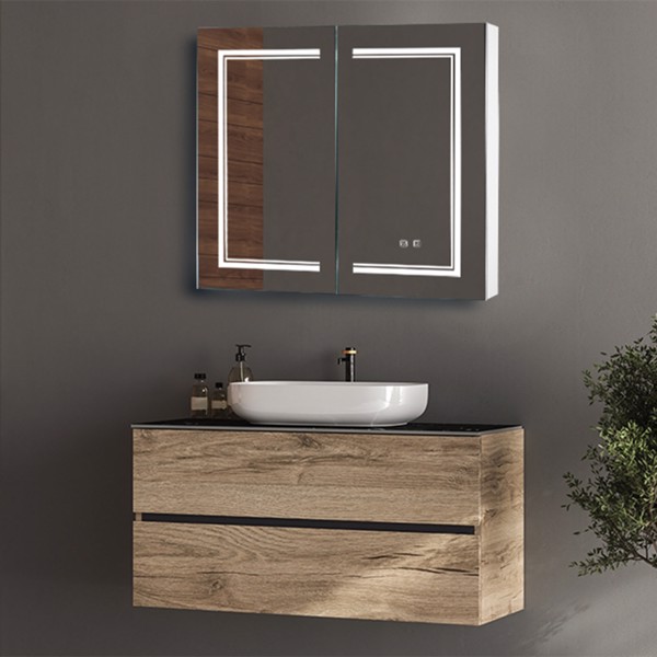 [] LED Bathroom Wall Cabinet, Double Door Bathroom Mirror Cabinet, white