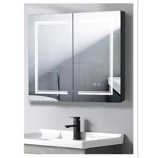 [FCH] LED Bathroom Wall Cabinet, Double Door Bathroom Mirror Cabinet, Black