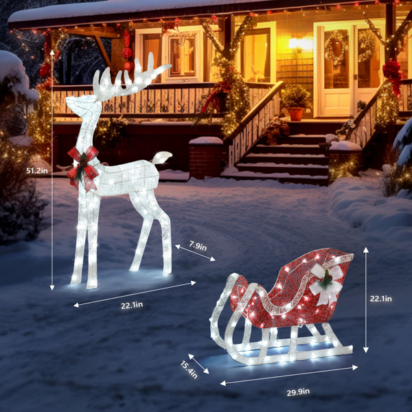 4ft Lighted Christmas Reindeer & Sleigh Outdoor Yard Decoration Set with LED Lights, Red & White