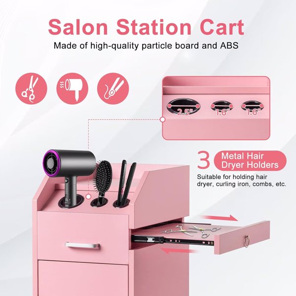 Hair Salon Storage Cart with Wheels & 3 Hair Dryer Holders & 4 Drawers & Lock & 2 Keys, Hairdressing Tools Station Mobile Makeup Case pink