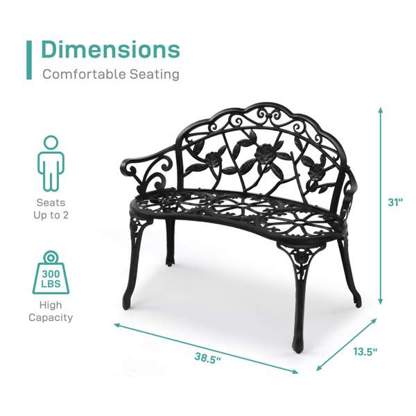 Outdoor Cast Aluminum Patio Bench, Porch Bench Chair with Curved Legs Rose Pattern, Black