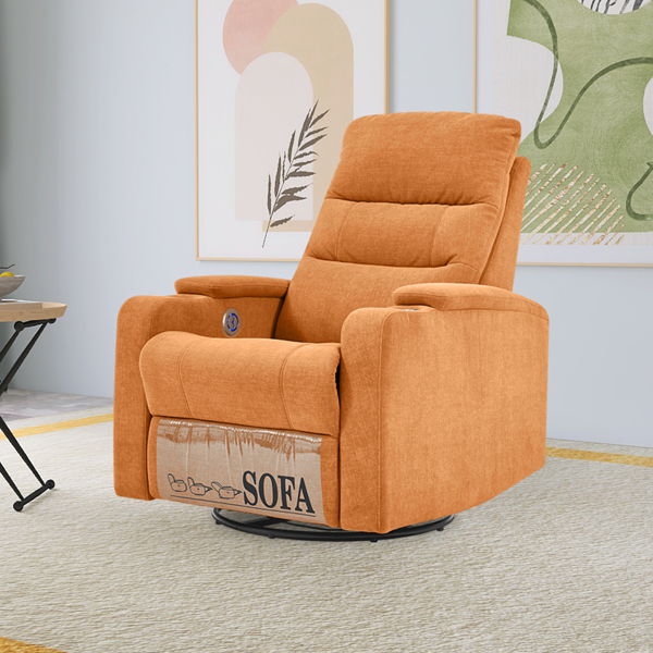 Swivel Rocking Recliner Sofa Chair With USB Charge Port & Cup Holder For Living Room, Bedroom,light orange