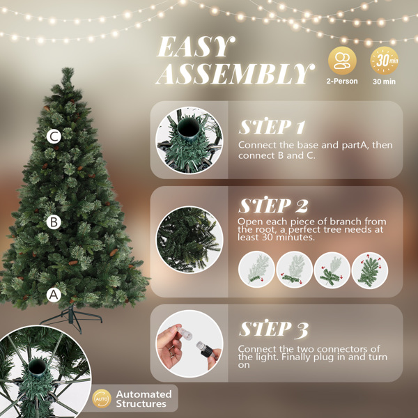 6ft Automatic Tree Structure PE PVC Material 500 Lights Warm Color 9 Modes With Remote Control 900 Branches With Pine Needles Christmas Tree Green