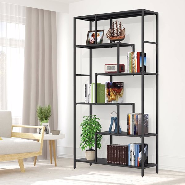 6 Tier Black Metal Bookshelf -Sturdy and Stylish Tall Open Bookcase for Plants, Books, and Décor, Multi-Purpose Display Shelf with Anti-Tip Wall Mounting - 73in Height, 39in Width