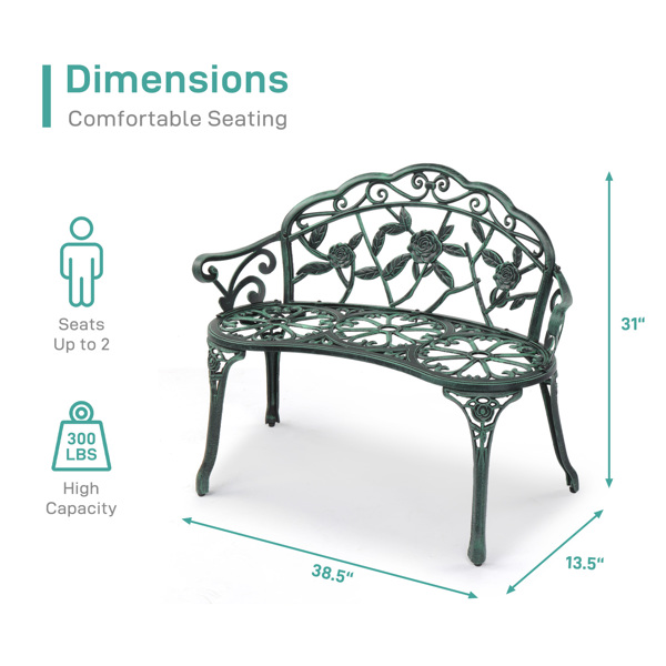 Outdoor Cast Aluminum Patio Bench, Porch Bench Chair with Curved Legs Rose Pattern, Antique Green