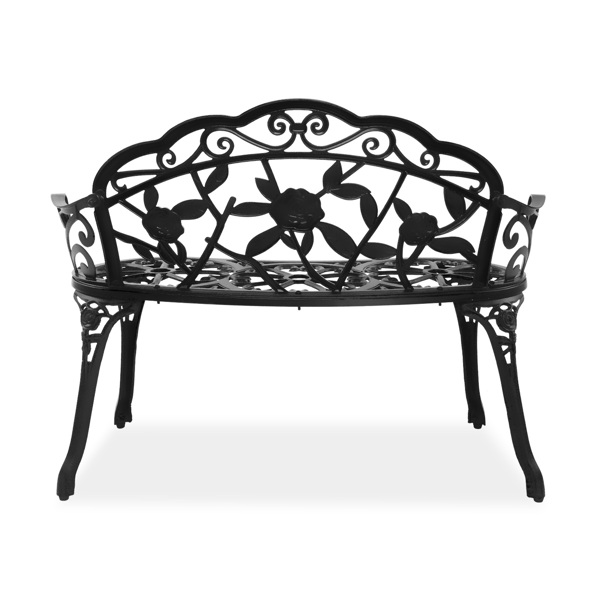 Outdoor Cast Aluminum Patio Bench, Porch Bench Chair with Curved Legs Rose Pattern, Black