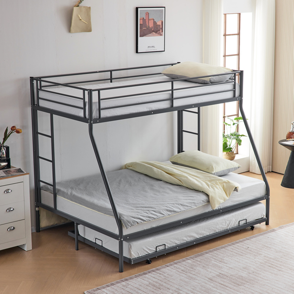 Twin Over Full Bunk Bed with Trundle, Triple Bunk Beds for Kids Teens Adults, Metal Bunk Bed with Two Side Ladder and Guardrails, Grey