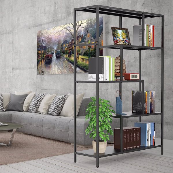5-Tier Metal Industrial Bookshelf - 59in Height, 39in Width,Rustic Black Display Shelves,Bookcase for Living Room, Bedroom, Kitchen, Office,Farmhouse Decor, Sturdy and Stylish