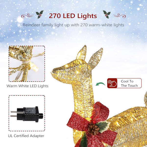 3 Piece Lighted Christmas Reindeer Family Set Outdoor Decorations, Weather Proof Deer Family Set of 3 Christmas Ornament Home Decor Pre-lit 270 LED Lights with Stakes, Zip Ties Secured-Gold